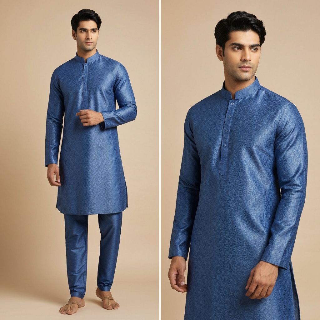 Men's Blue Jacquard Indo With Kurta Pajama Set
