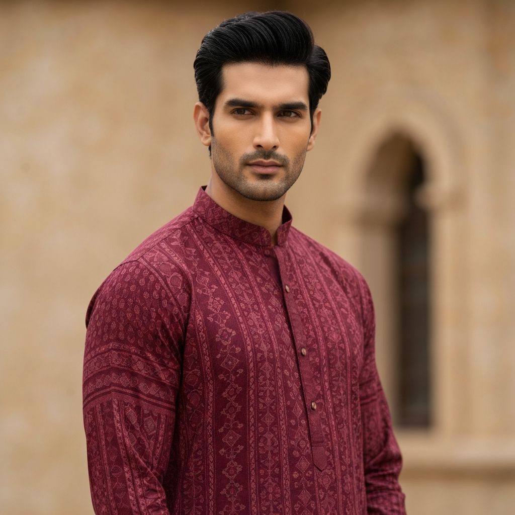 Men's Burgundy Printed Kurta