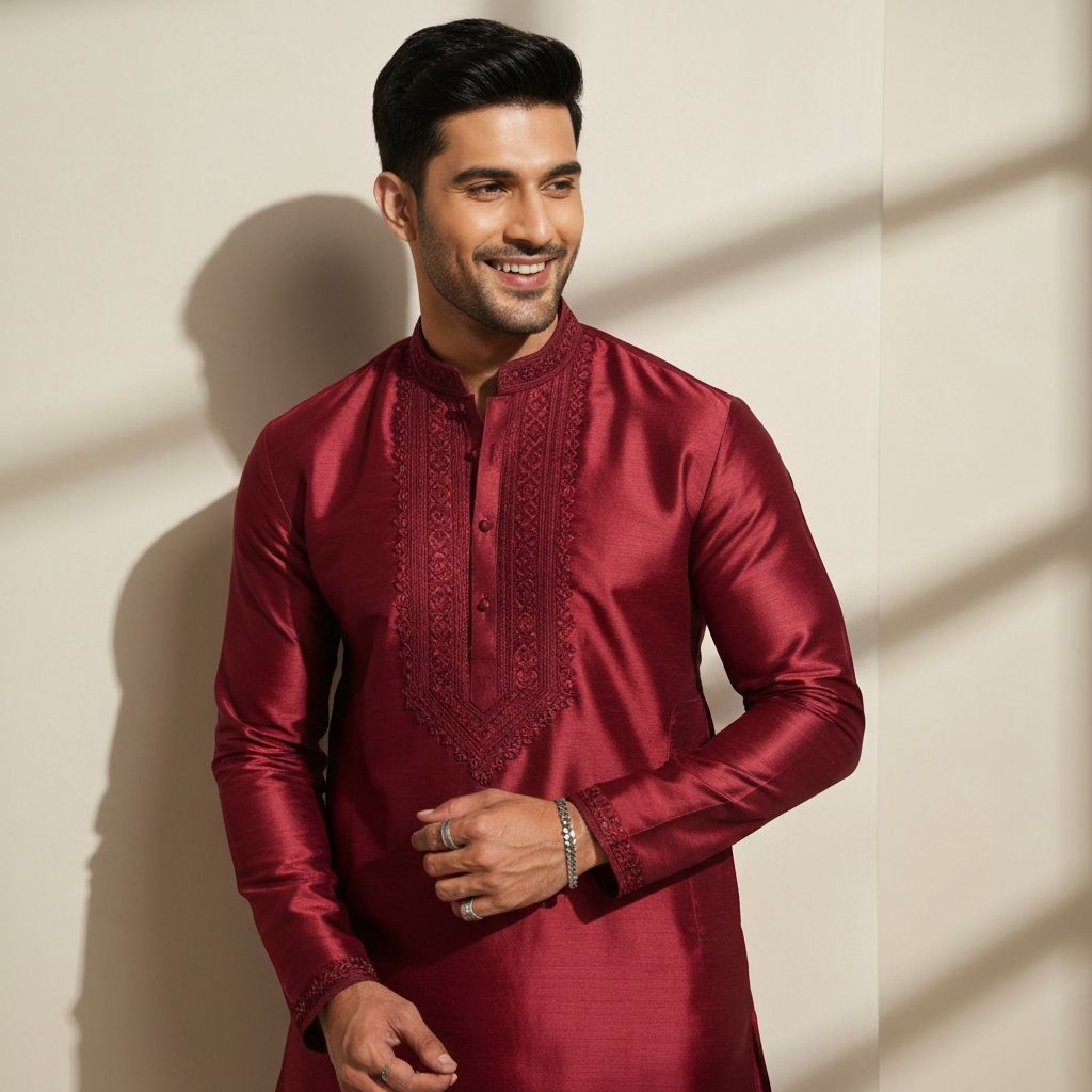 Men's Maroon Silk Kurta