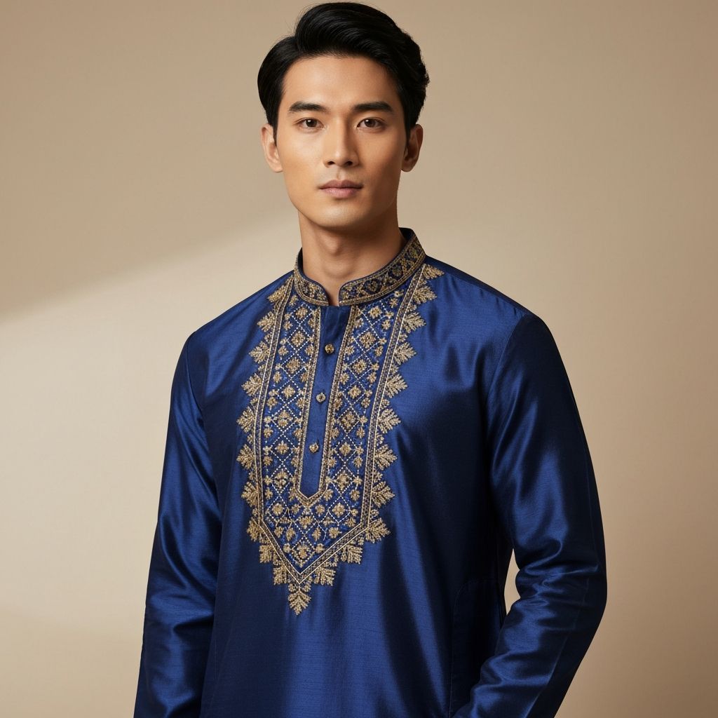 Men's Navy Blue Kurta with Embroidery